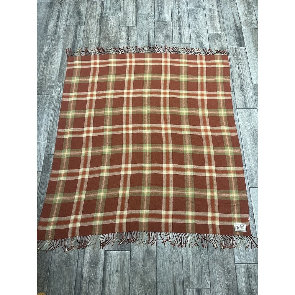 Woolrich Cotton Red Tan Brown blanket throw With Fringe 55"x52" EUC Soft